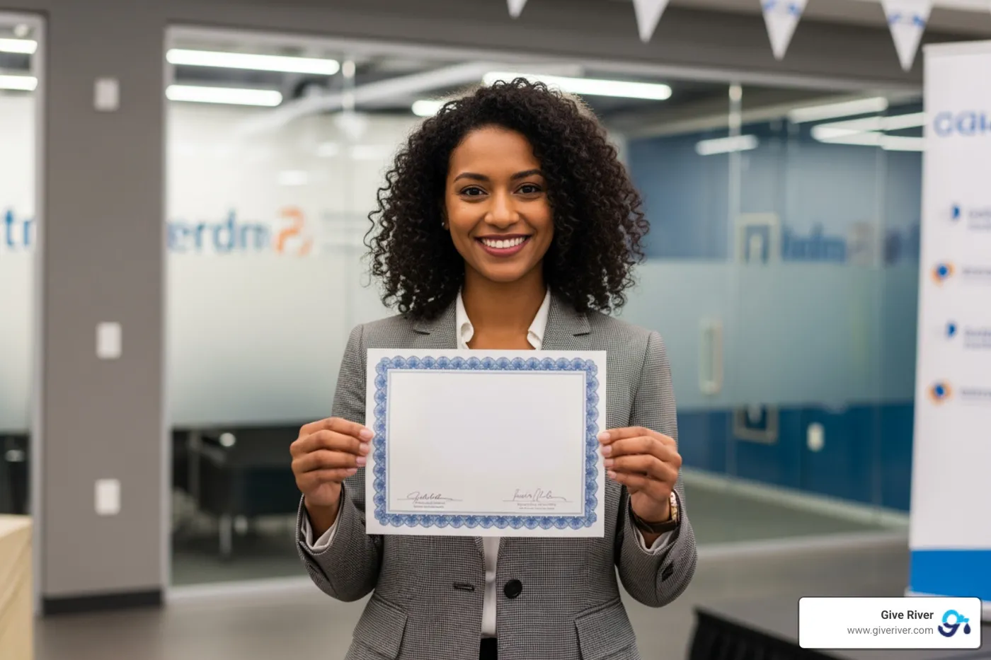 Image of an employee proudly displaying a certificate for community involvement - CSR and employee satisfaction