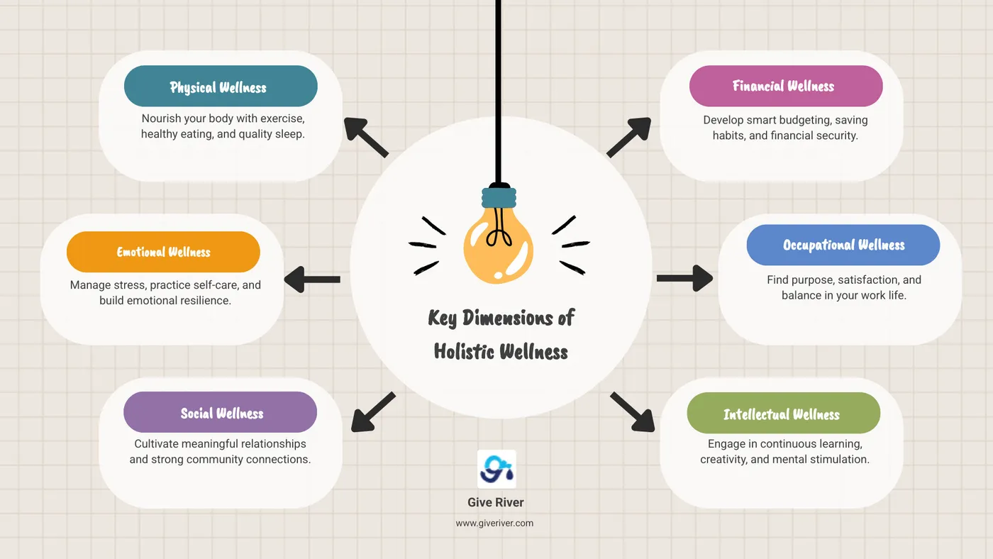 Comprehensive infographic showing the 8 dimensions of wellness in a circular format: Physical wellness (exercise, nutrition, sleep), Emotional wellness (stress management, self-care), Social wellness (relationships, community), Financial wellness (budgeting, security), Occupational wellness (career satisfaction, work-life balance), Spiritual wellness (purpose, values), Intellectual wellness (learning, creativity), and Environmental wellness (surroundings, sustainability). Each dimension includes specific actionable elements and shows how they interconnect to create holistic well-being. - Personalized wellness plans infographic brainstorm-6-items