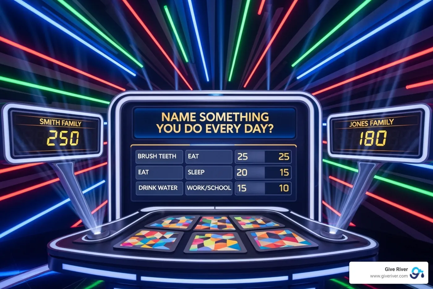 A vibrant, digital Family Feud game board with a lighthearted question: "Name a reason you might be late to work?" - family feud virtual team building