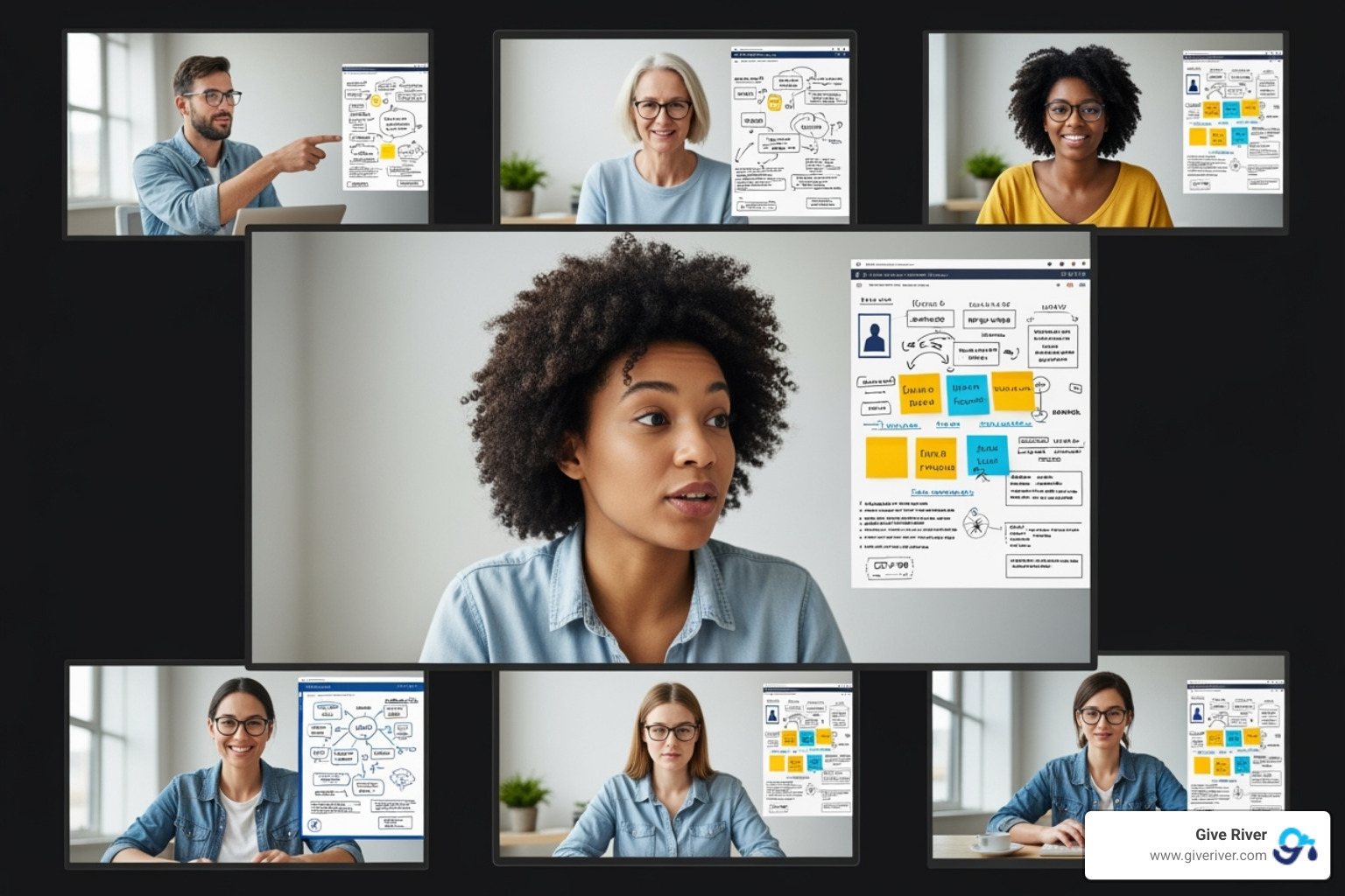 A team collaborating on a Give River challenge via video call, showing multiple participants on screens actively discussing and working together on a shared digital interface. - online group games