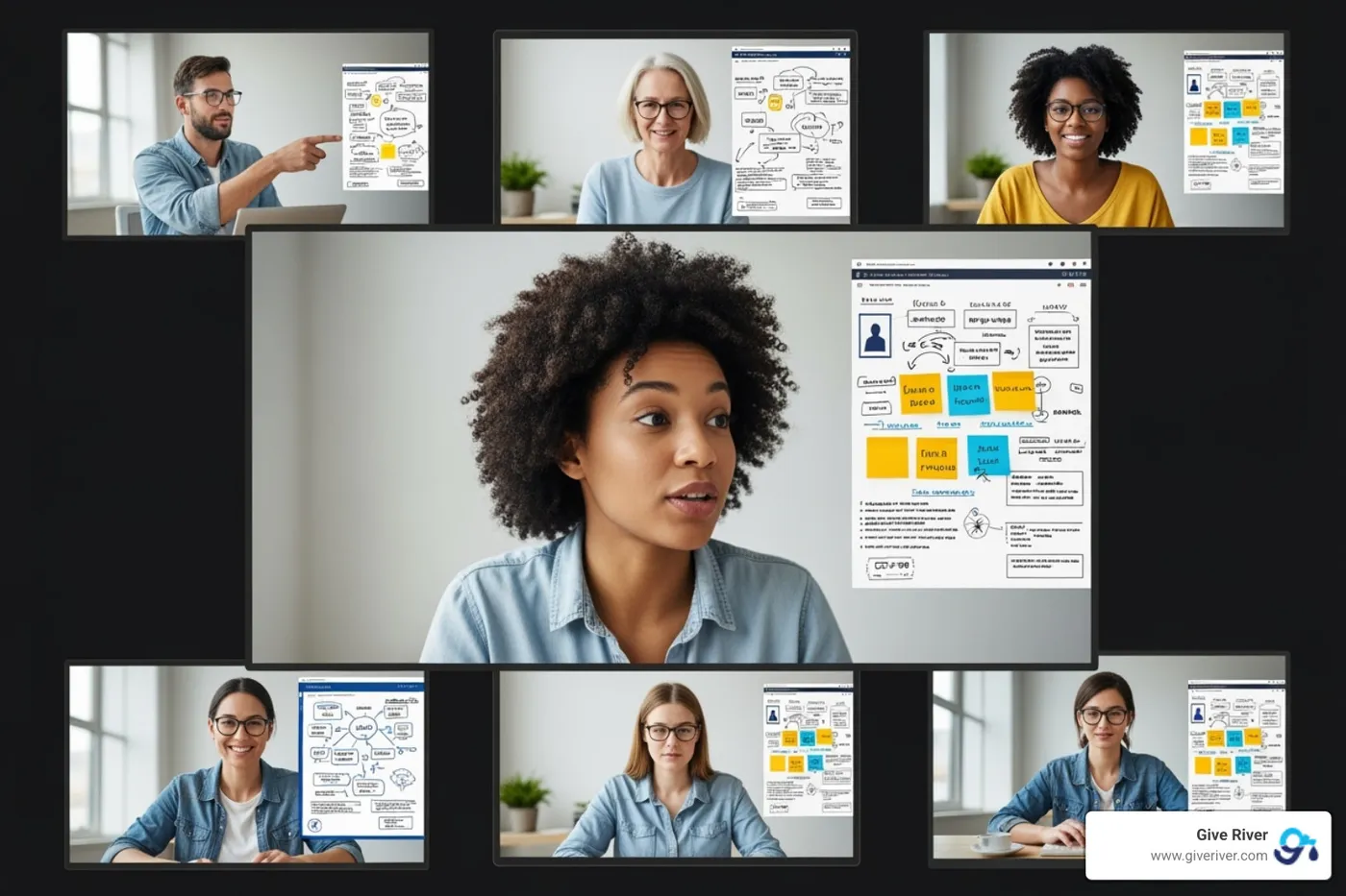 A team collaborating on a Give River challenge via video call, showing multiple participants on screens actively discussing and working together on a shared digital interface. - online group games
