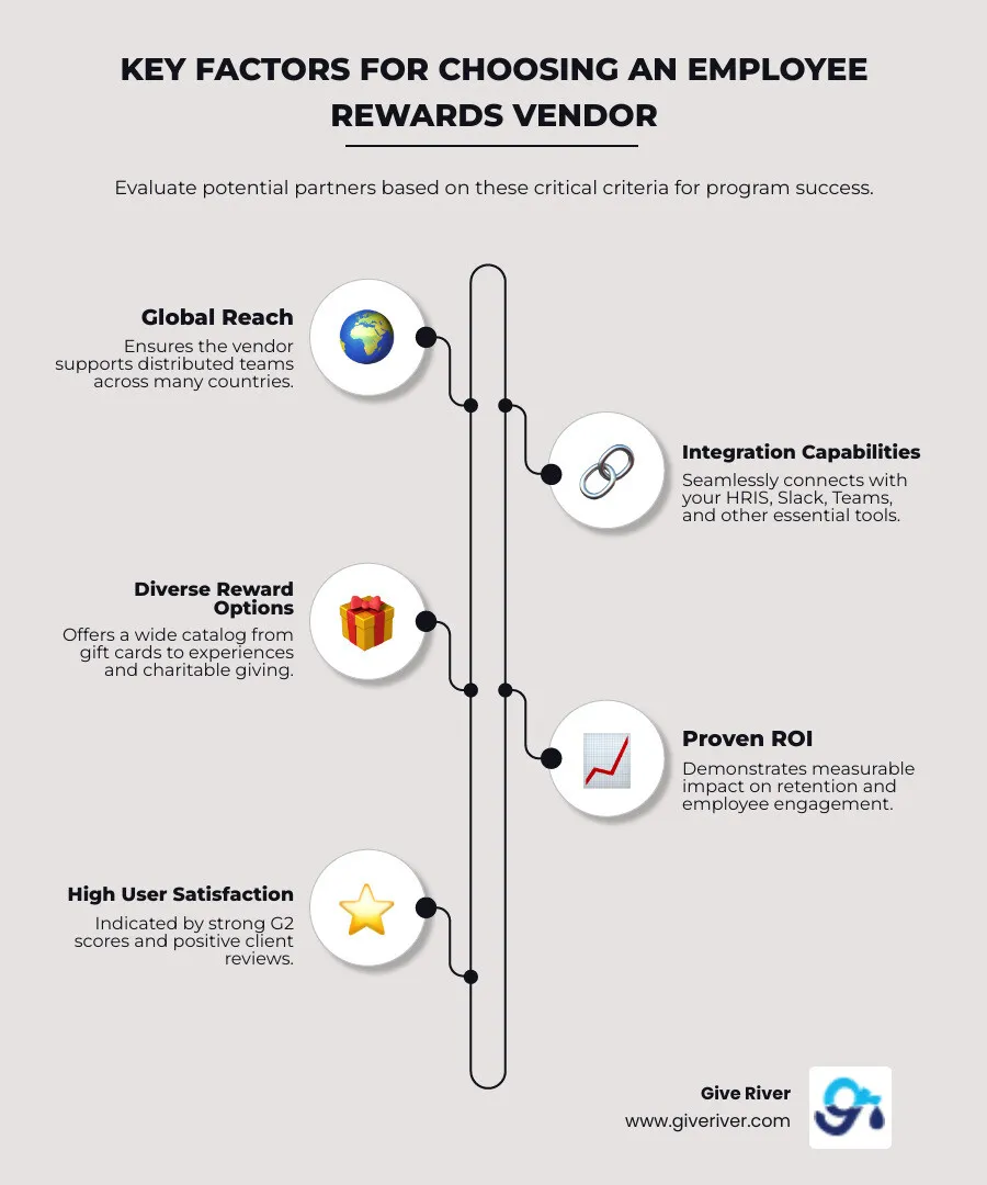 Comprehensive comparison framework showing vendor evaluation criteria including features, ROI metrics, integration capabilities, and employee satisfaction scores across top employee rewards platforms - employee rewards vendor infographic infographic-line-5-steps-neat_beige