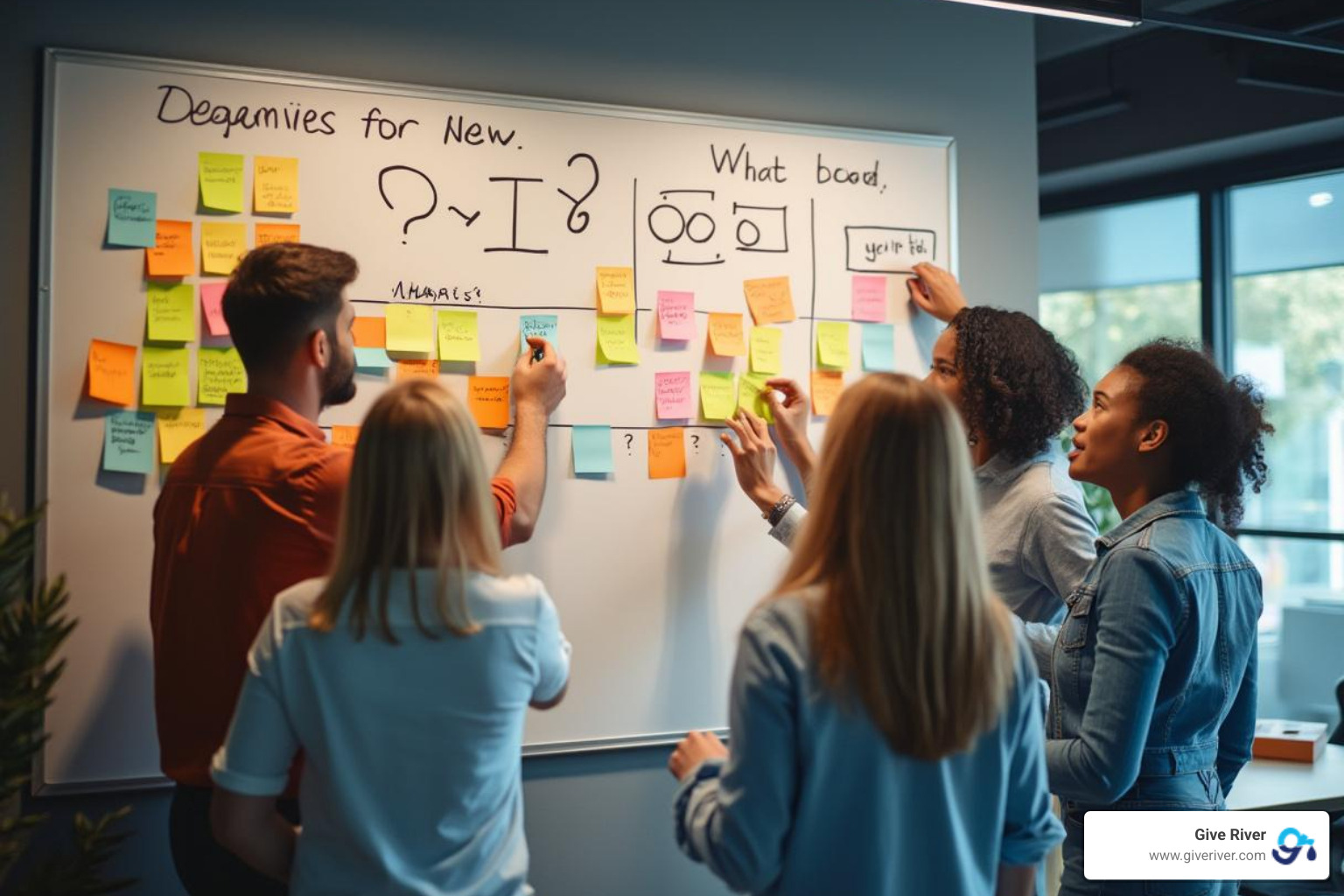 team brainstorming with sticky notes for a creative quiz - fun quiz for team building