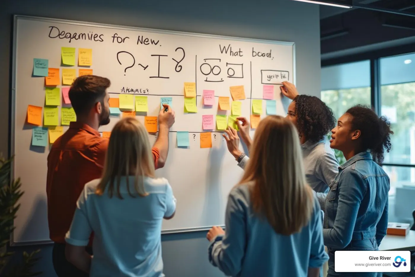team brainstorming with sticky notes for a creative quiz - fun quiz for team building