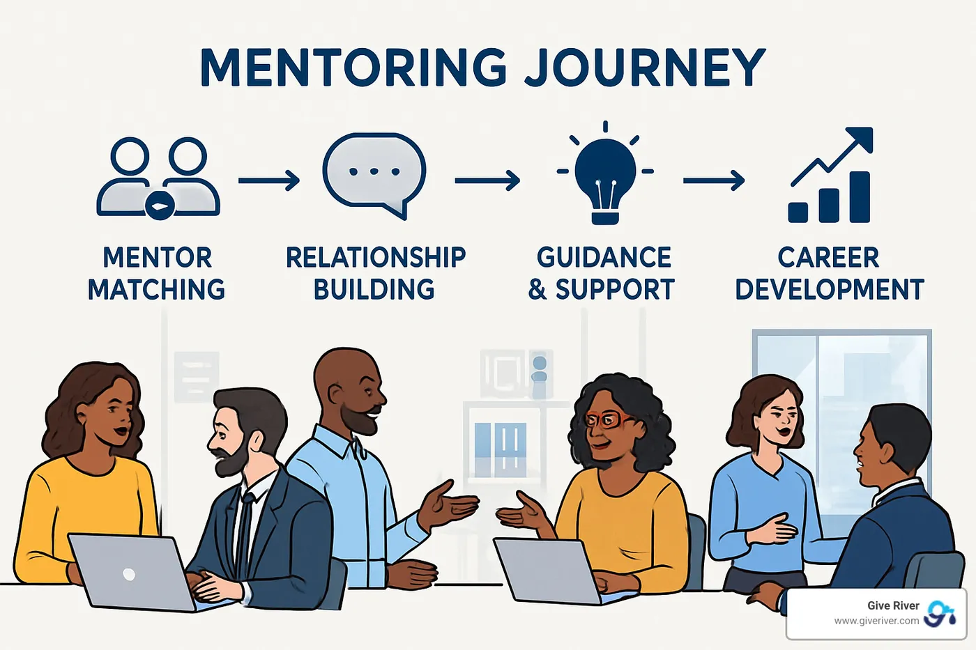 mentoring journey map showing progression from initial matching through relationship building to goal achievement - career development mentoring programs