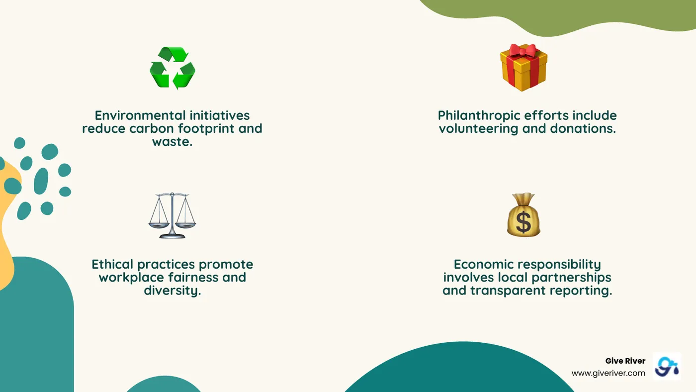 Infographic showing the four pillars of effective CSR programs: Environmental initiatives reducing carbon footprint and waste, Philanthropic efforts including volunteering and donations, Ethical practices promoting workplace fairness and diversity, and Economic responsibility through local partnerships and transparent reporting - csr activity example infographic 4_facts_emoji_nature