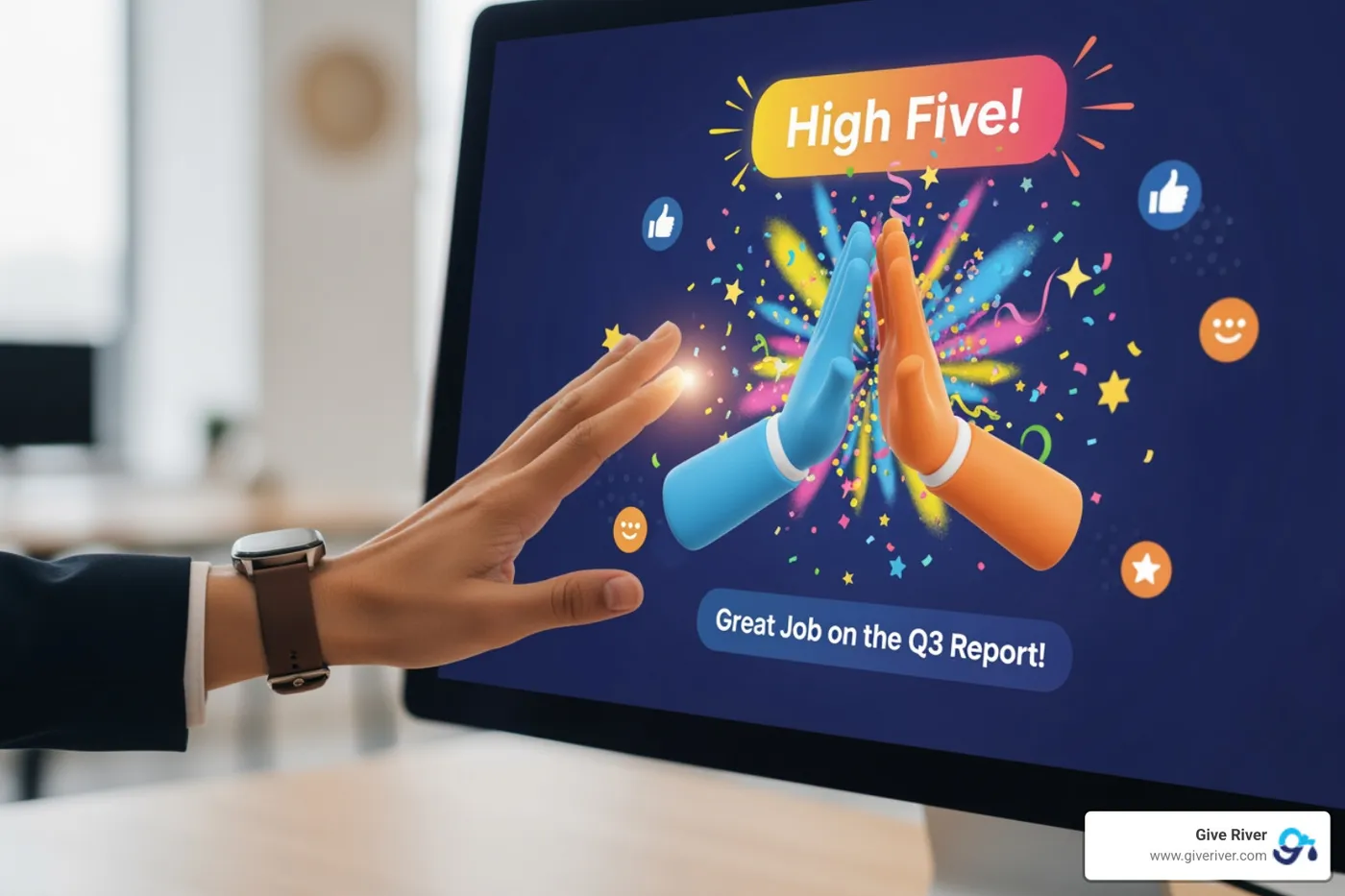 An employee receiving a digital high-five on a screen, with celebratory confetti and positive messages, symbolizing effective and timely recognition. - boosting employee engagement