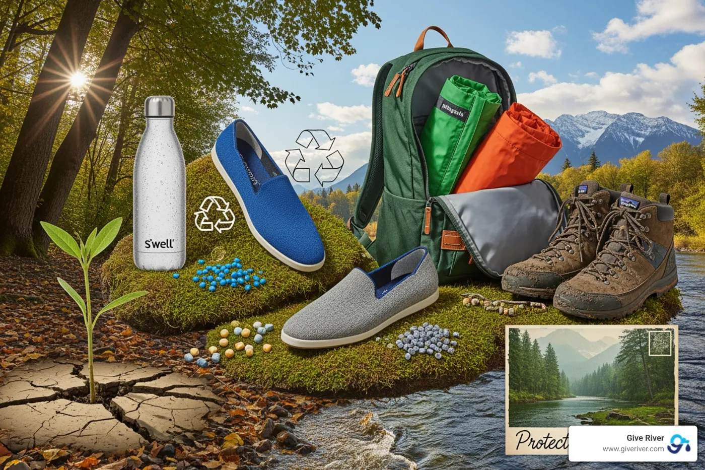 A collage of products and initiatives from companies known for ethical practices, such as Rothy's shoes made from recycled plastic, Patagonia's outdoor gear with a focus on environmental conservation, and S'well water bottles promoting reduced single-use plastics. - Ethical business models