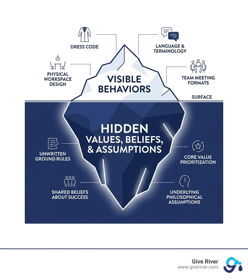 Organizational culture iceberg infographic showing visible behaviors above surface and hidden values, beliefs, and