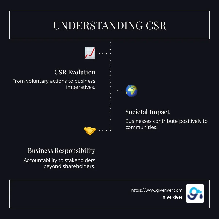 Components of CSR: infographic showing evolution, societal impact, and business responsibility - csr definition infographic infographic-line-3-steps-dark