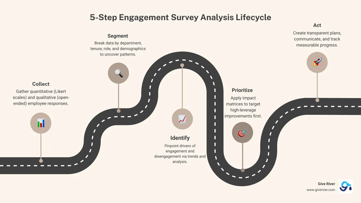 5-step engagement survey analysis lifecycle from data collection to action and impact measurement - engagement survey
