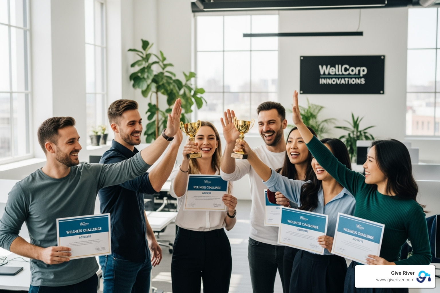 A diverse team, smiling and enthusiastic, celebrating the successful completion of a wellness challenge. They are holding up small trophies or certificates, and some are high-fiving. The background is a vibrant, modern office space with natural light, signifying a positive and supportive work environment. - workplace health promotion