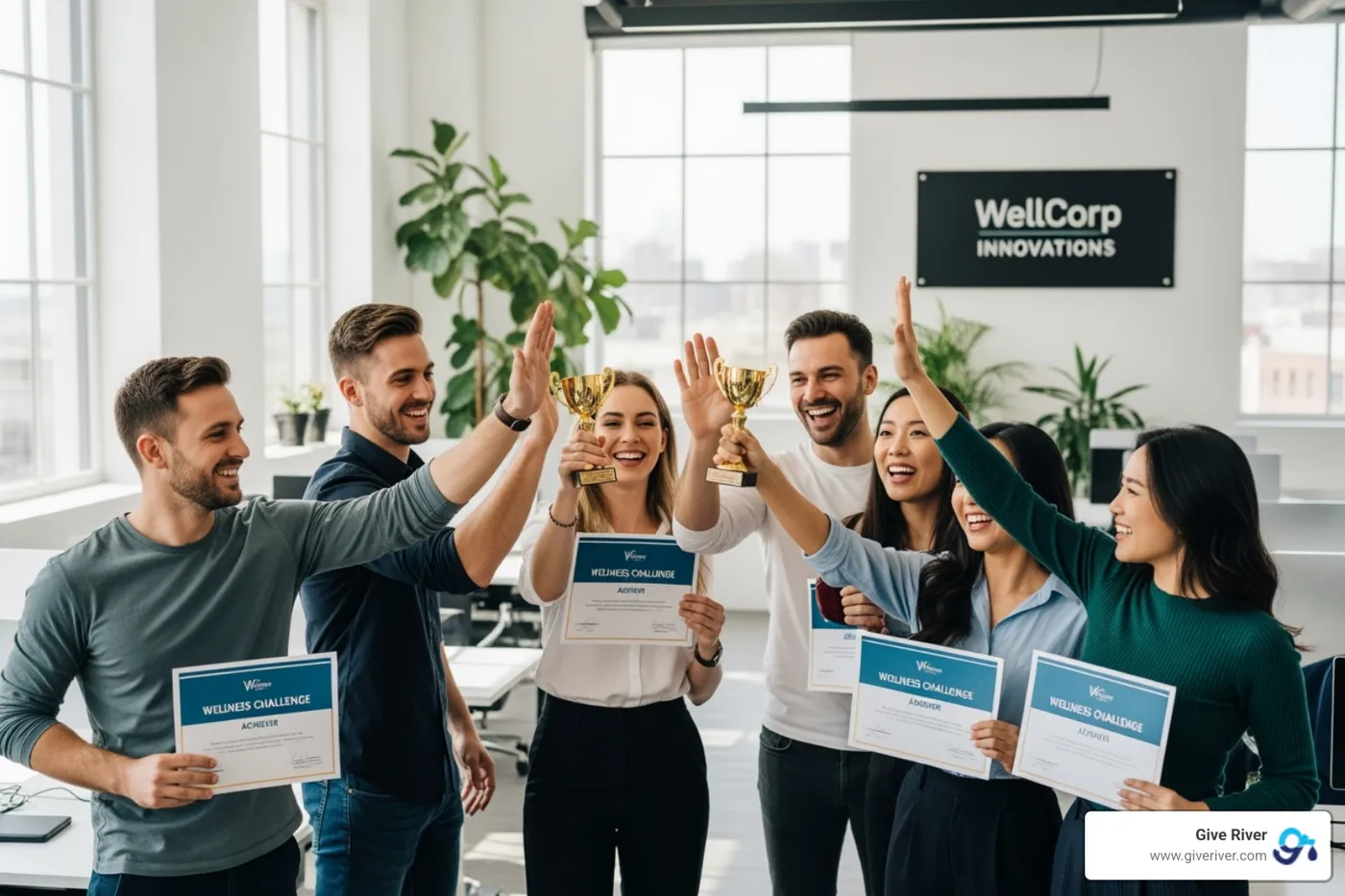 A diverse team, smiling and enthusiastic, celebrating the successful completion of a wellness challenge. They are holding up small trophies or certificates, and some are high-fiving. The background is a vibrant, modern office space with natural light, signifying a positive and supportive work environment. - workplace health promotion