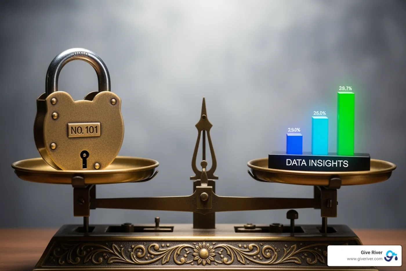 scale balancing a lock (privacy) and a chart (insights) - wellness platforms anonymized employee health data reporting