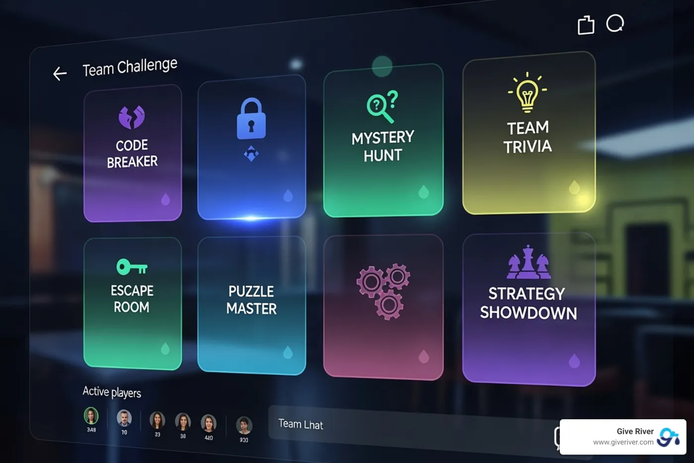A Give River game lobby showing a variety of available team challenges like "Code Breaker," "Mystery Hunt," and "Team Trivia." - free group online games