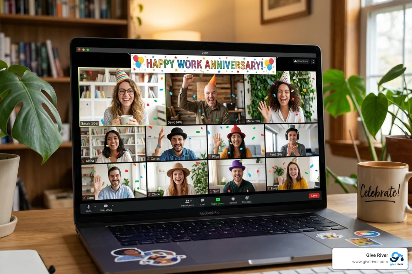 Remote employees celebrating a work anniversary virtually with digital confetti - international employee recognition software