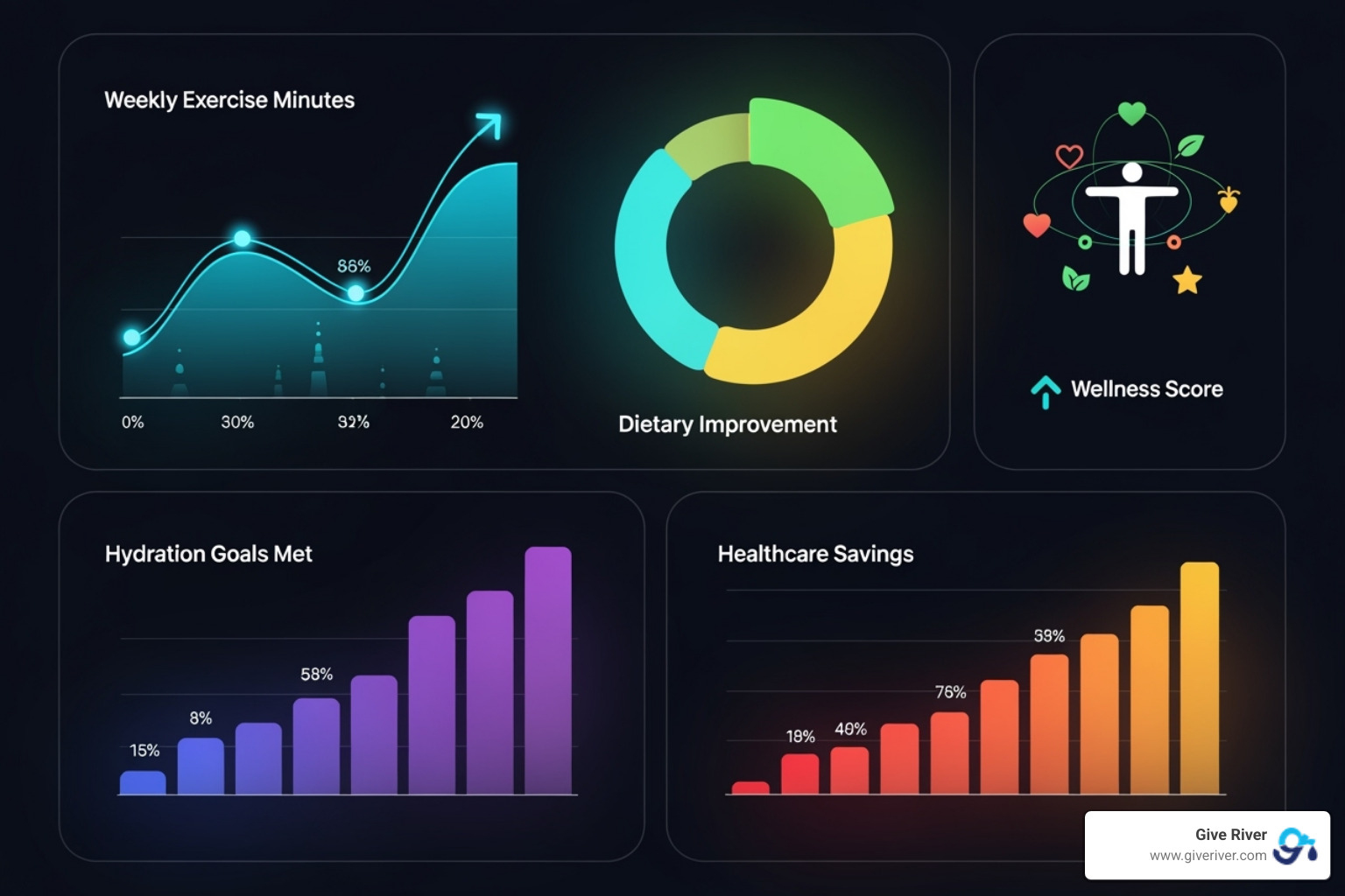 A dashboard displaying various metrics related to a workplace wellness program. Key sections include "Engagement Rate" with a high percentage and a growing trend, "Healthcare Cost Savings" showing a significant reduction in dollar figures, "Absenteeism Reduction" with a downward trend in sick days, "Employee Satisfaction Score" with a positive rating and glowing testimonials, and "ROI" clearly stating a positive return. Visuals include charts, graphs, and clear numerical indicators. - workplace health promotion