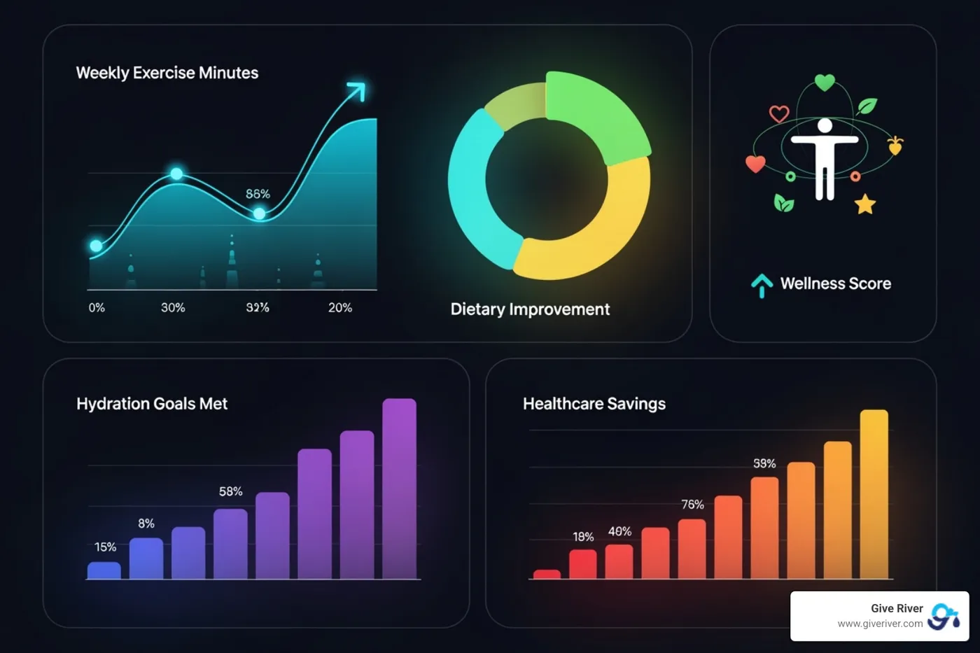 A dashboard displaying various metrics related to a workplace wellness program. Key sections include "Engagement Rate" with a high percentage and a growing trend, "Healthcare Cost Savings" showing a significant reduction in dollar figures, "Absenteeism Reduction" with a downward trend in sick days, "Employee Satisfaction Score" with a positive rating and glowing testimonials, and "ROI" clearly stating a positive return. Visuals include charts, graphs, and clear numerical indicators. - workplace health promotion