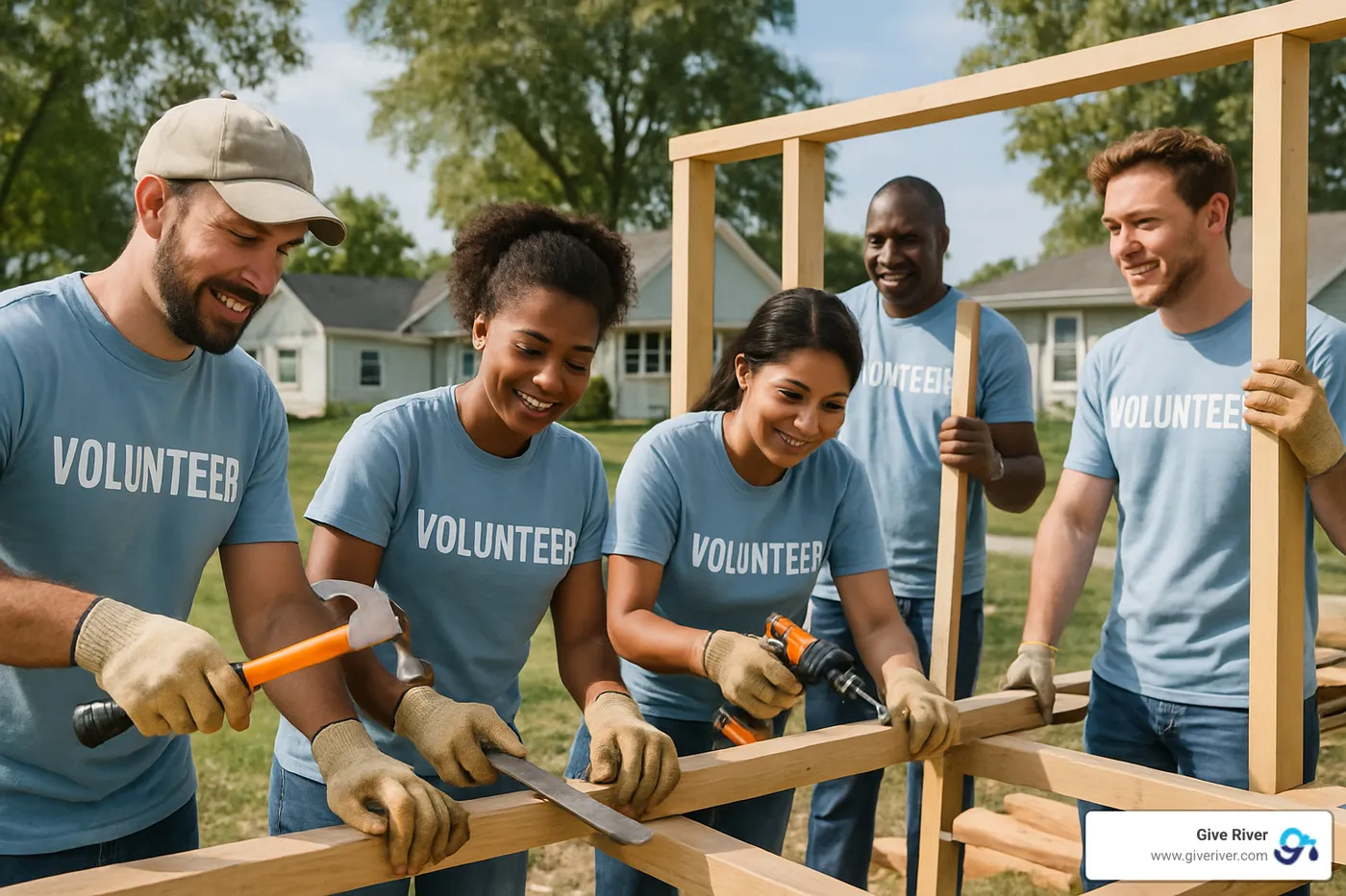 Team of diverse employees at volunteer day building homes - advantages of corporate social responsibility