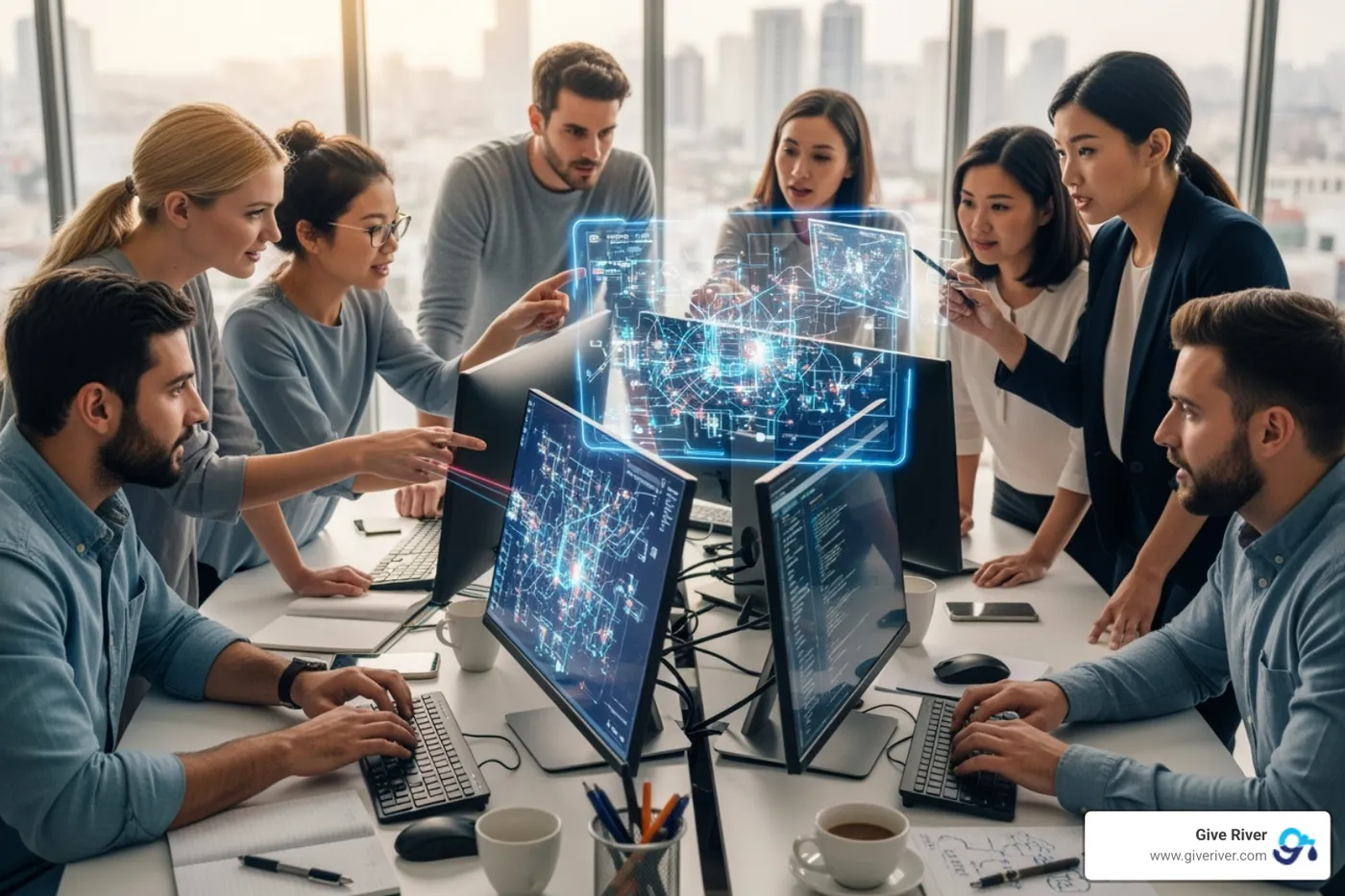 A team collaborating over a virtual puzzle or mission on screen - online office games free