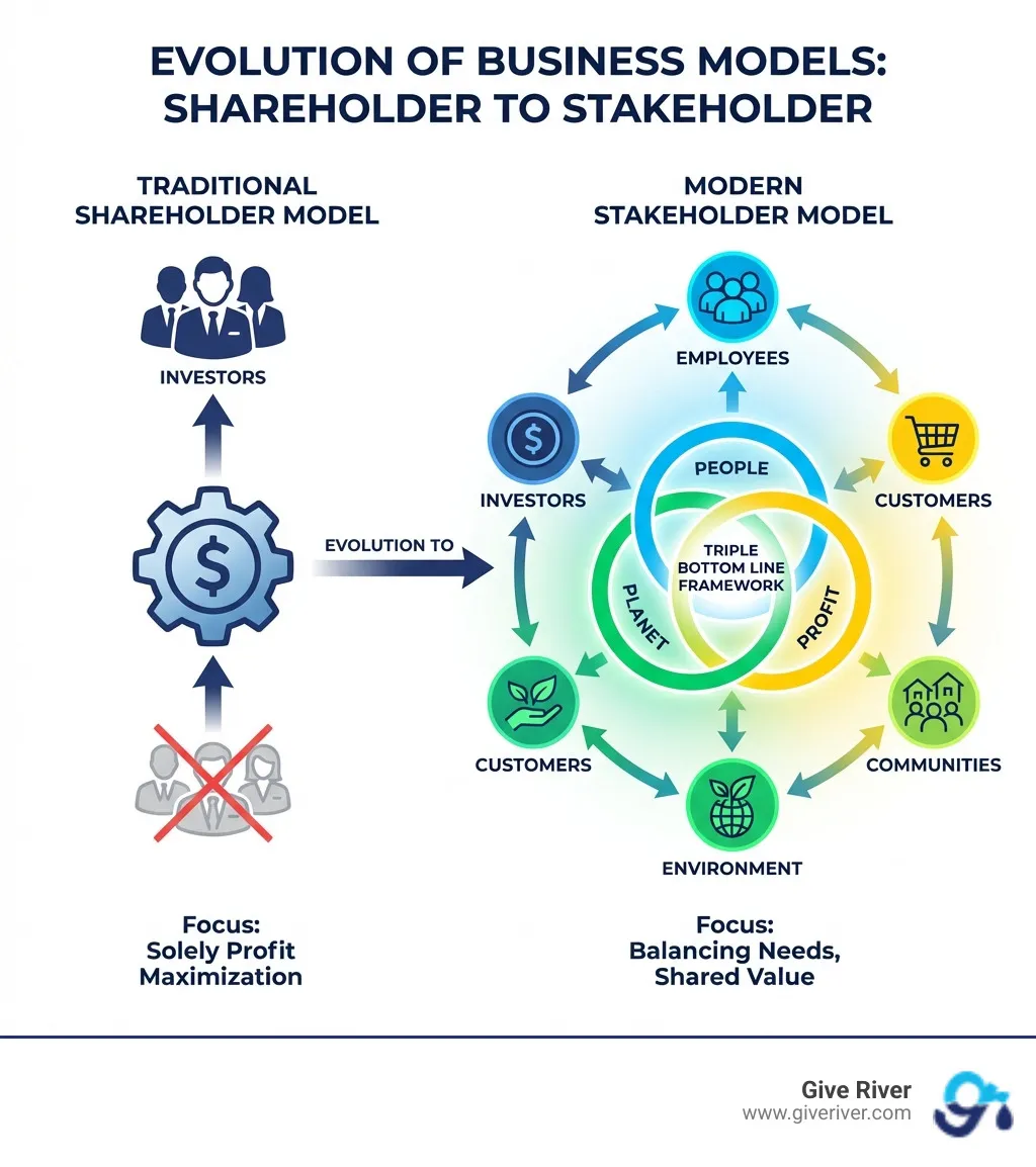 Infographic showing the evolution from traditional shareholder model (focusing solely on profit maximization for investors) to modern stakeholder model (balancing needs of employees, customers, communities, environment, and investors through the Triple Bottom Line framework of People, Planet, and Profit) - Ethical business models infographic
