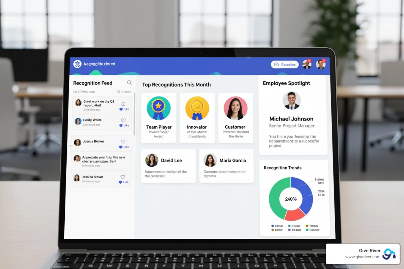 recognition platform dashboard on laptop - workplace recognition awards