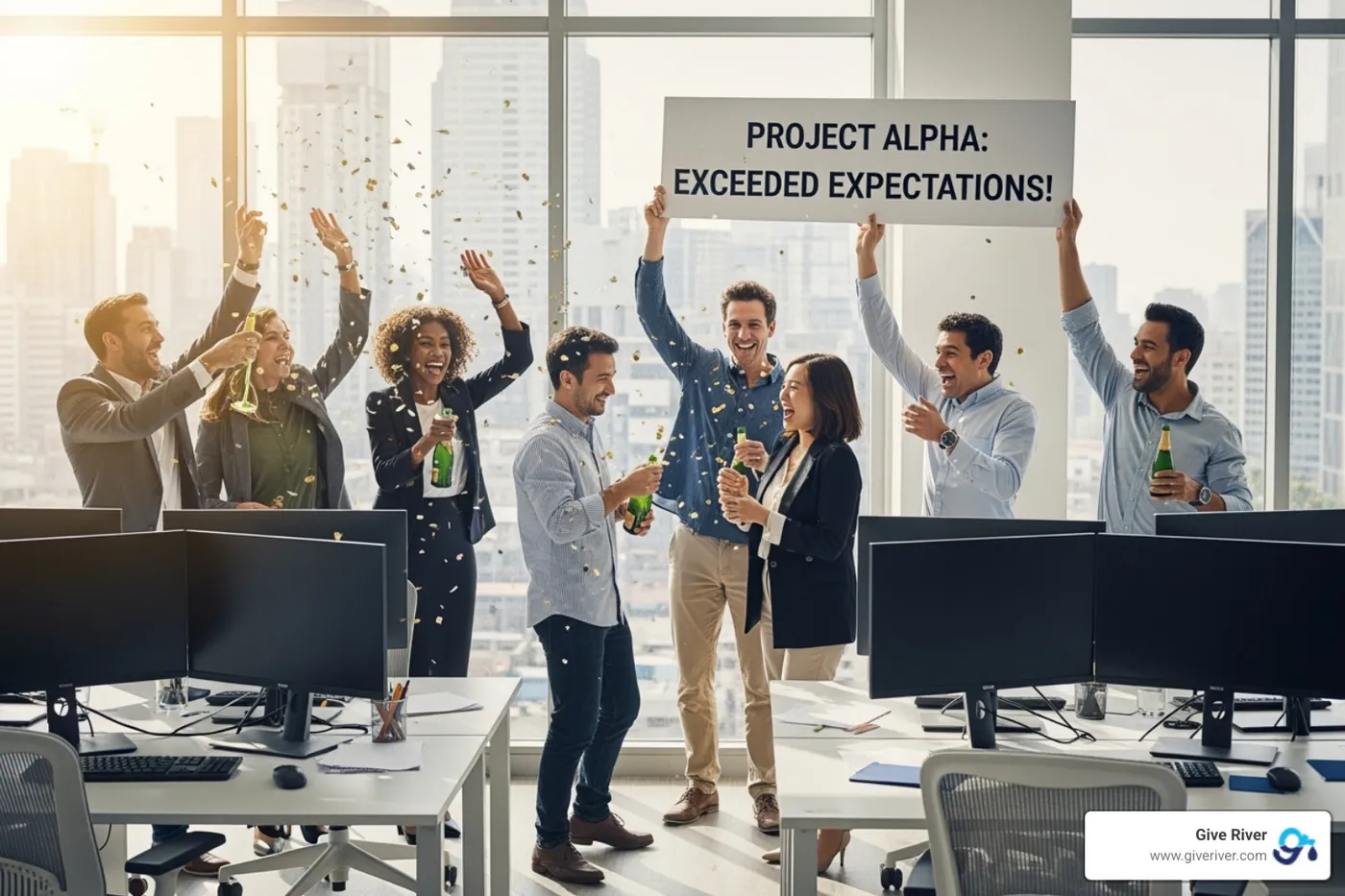 diverse group of employees celebrating a team success. - company culture engagement
