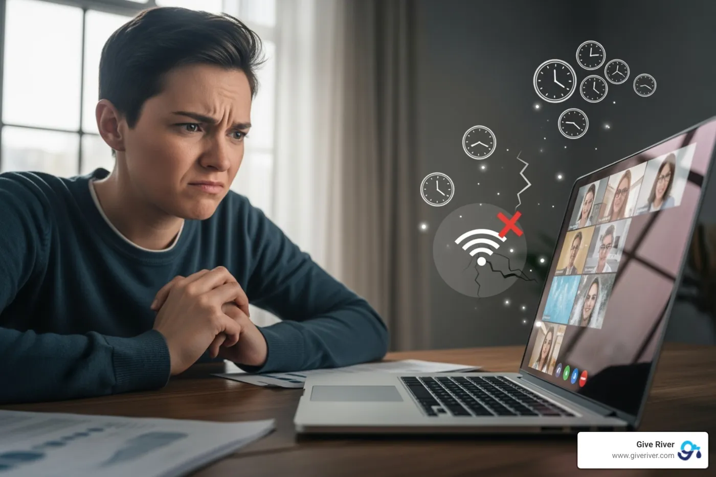person looking frustrated at a laptop, with icons for time zones and Wi-Fi issues - online quiz for team building