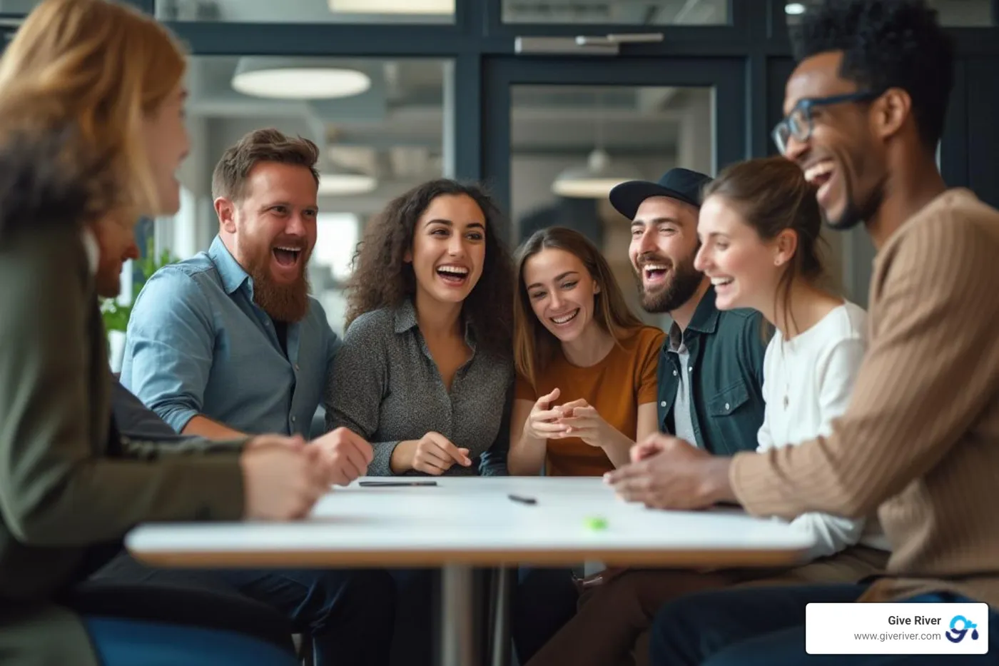 team laughing during an icebreaker quiz - fun quiz for team building