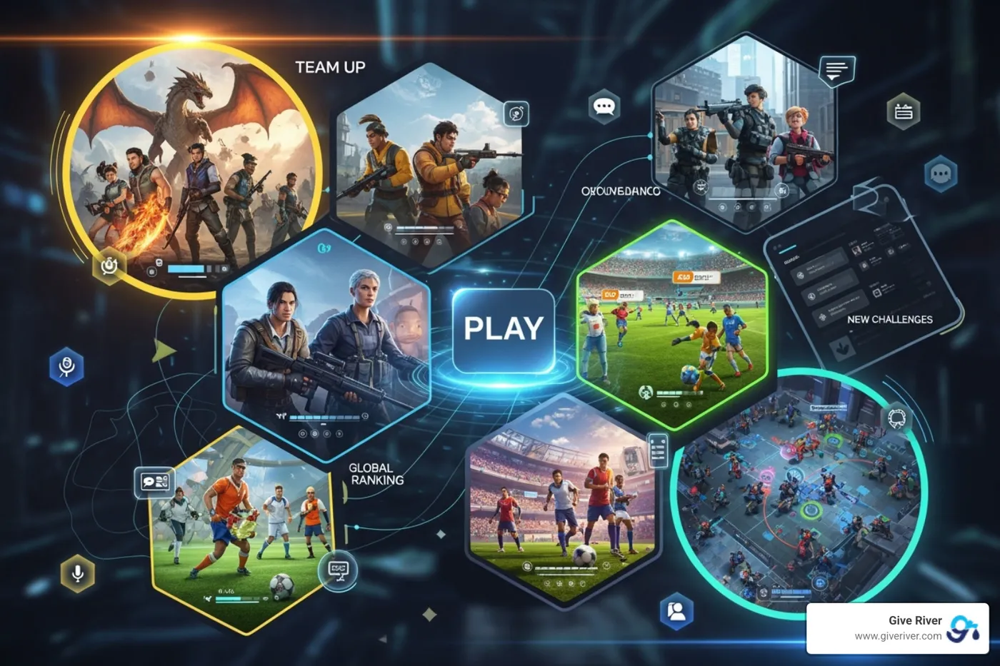 collage showing different online games and Give River's unique game interface - online games to play with office team