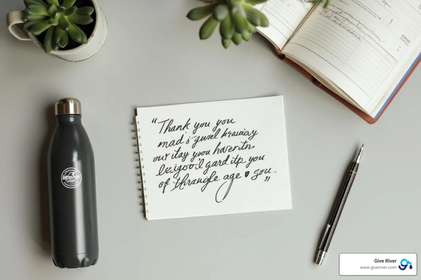 A flat-lay featuring a handwritten note, a small desk plant, a journal, and a branded water bottle - employee engagement gifts