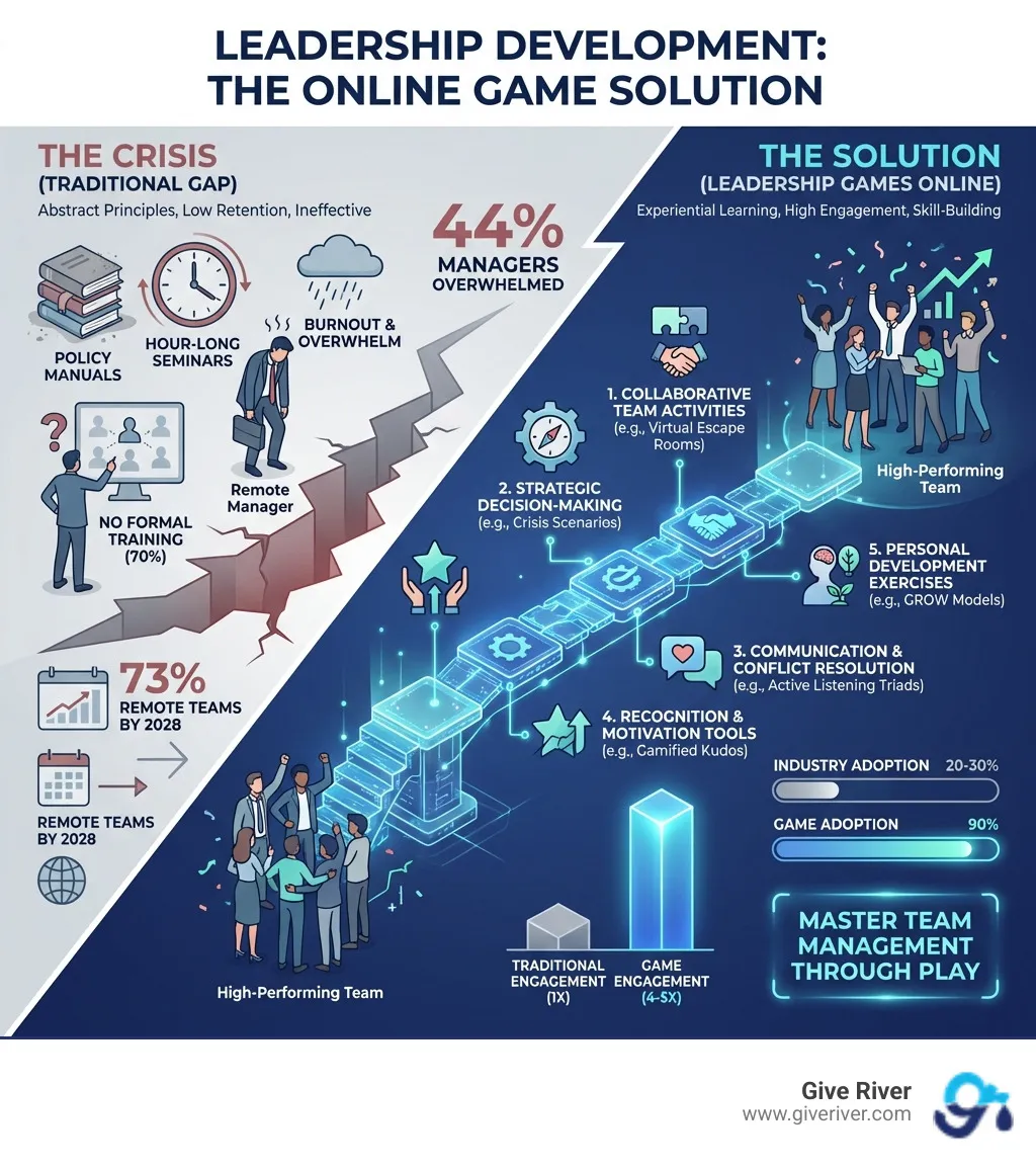 Infographic showing leadership development crisis and solution through online games - leadership games online infographic