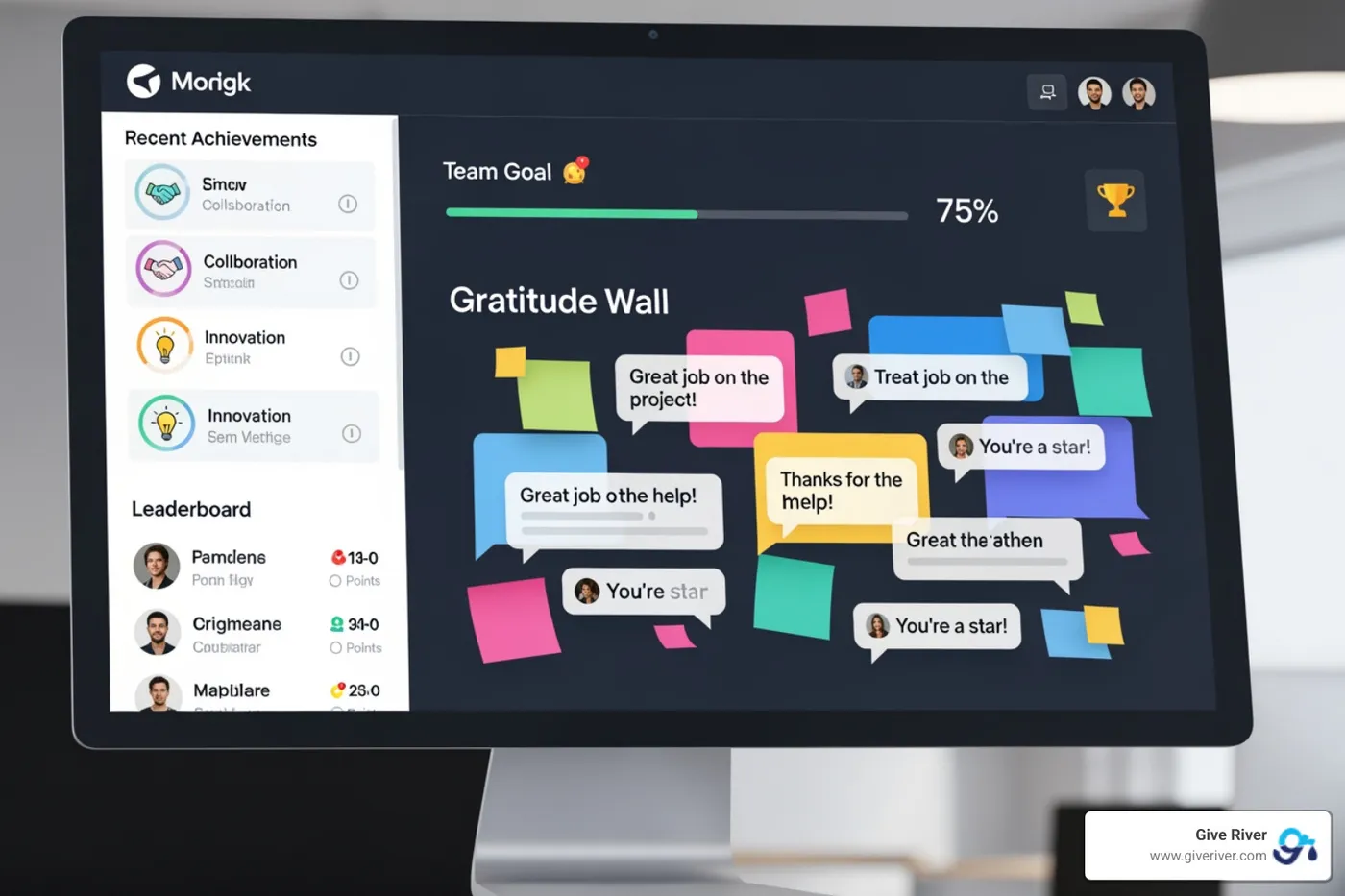 GiveRiver platform interface showing gamification, gratitude walls, and recognition features - national employee appreciation day 2025