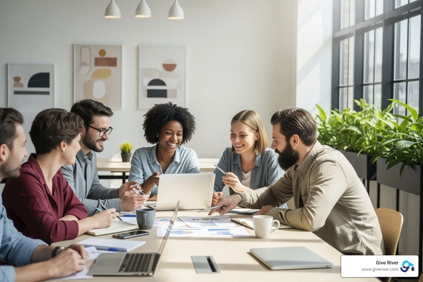 A diverse team of employees collaborating and smiling around a table in a modern, sunlit office - mindfulness in workplace