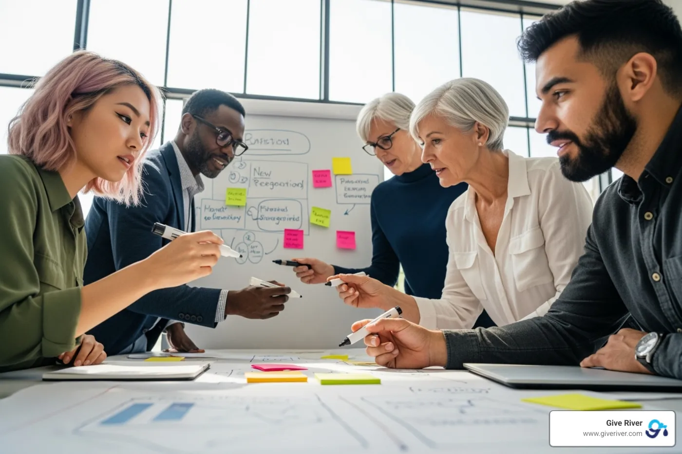 diverse team collaborating on a whiteboard, planning their recognition program strategy - connected recognition