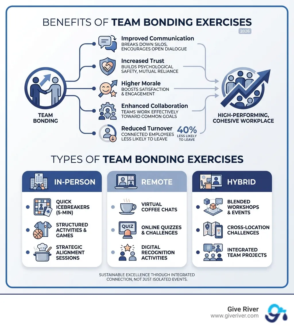 infographic showing the benefits and types of team bonding exercises - team bonding exercise infographic