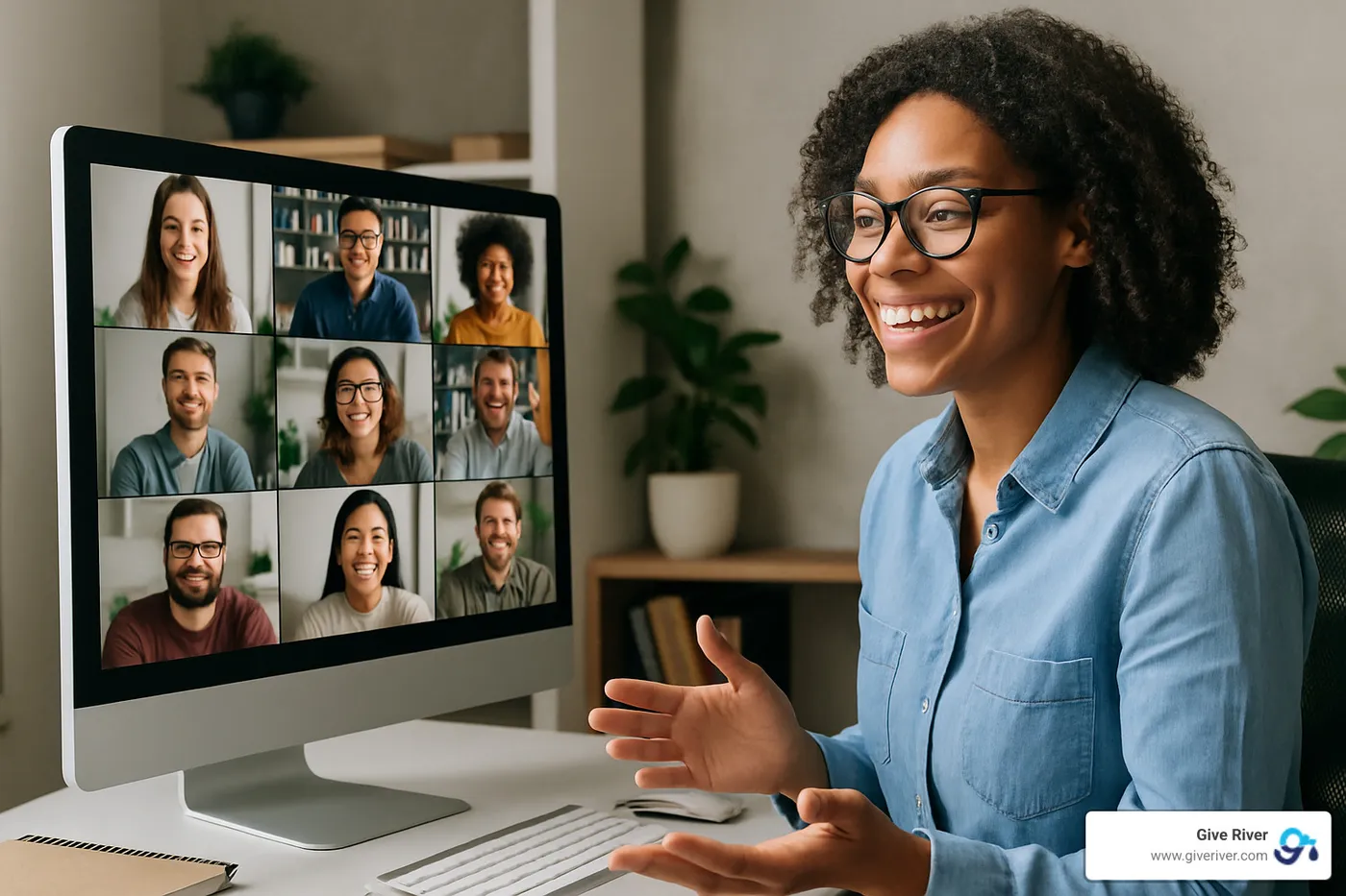 Person smiling while facilitating a virtual meeting with engaged team members - free online office games