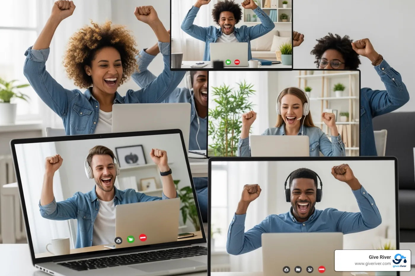 A high-performing remote team celebrating a virtual win together on a video call