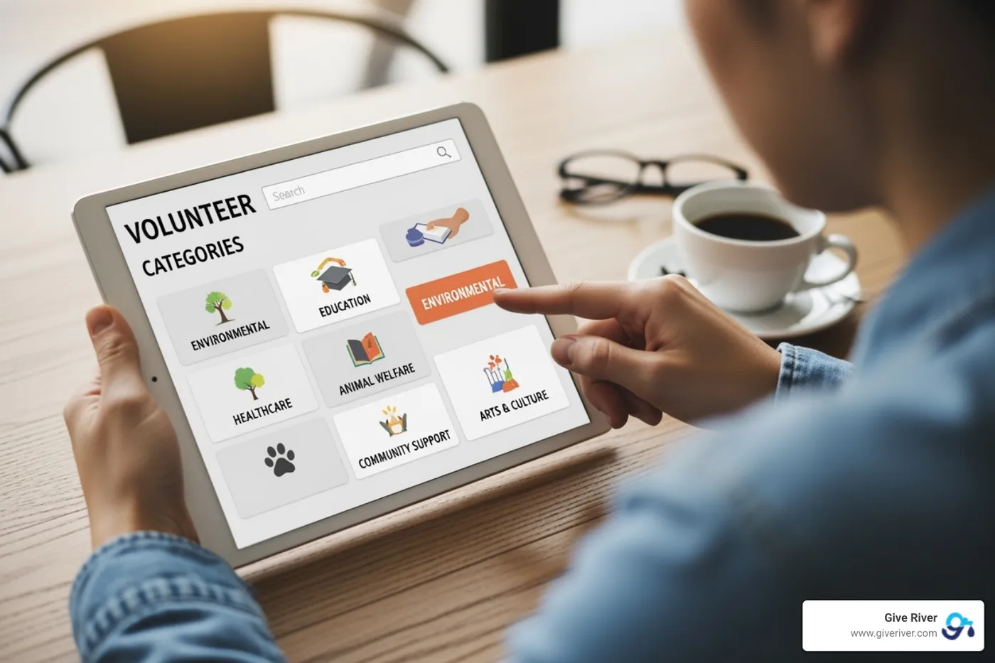 A person browsing a volunteer opportunity website on a tablet, with various volunteer categories visible - virtual community service projects