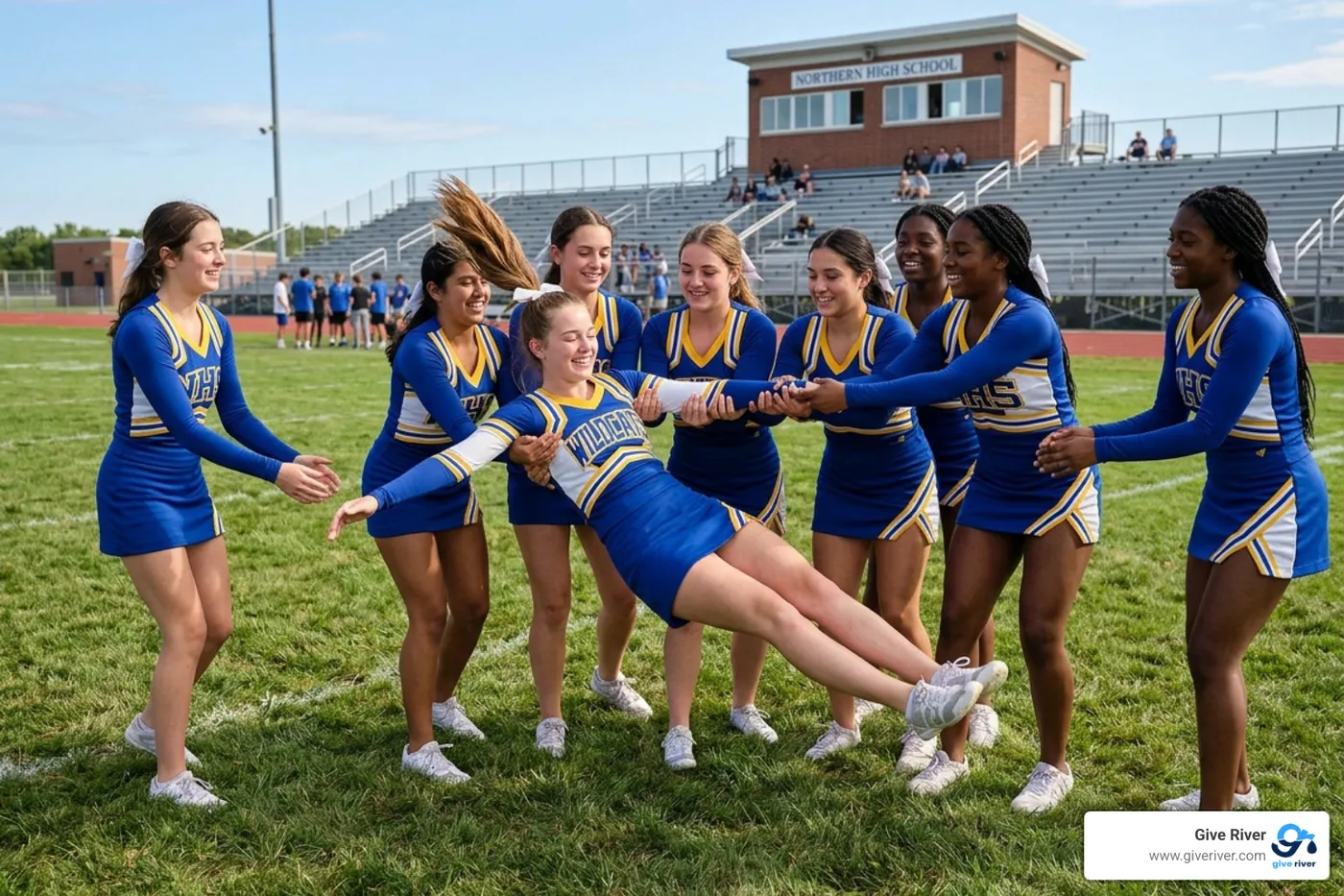 cheerleaders performing a trust fall - cheer team bonding exercises