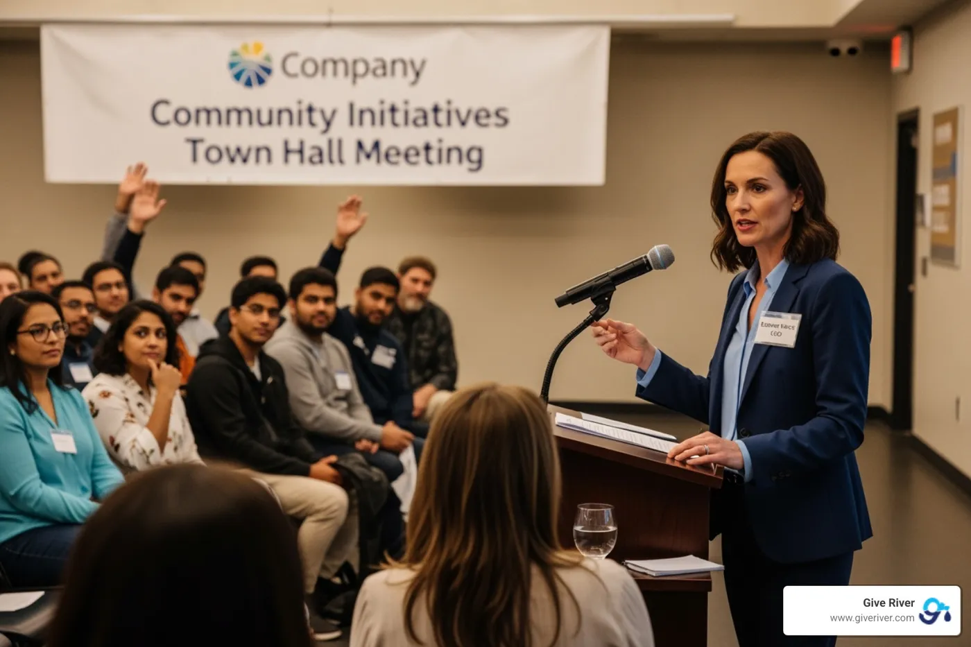 Company leader speaking at a community town hall event, engaging with local residents and answering questions about the company's new community impact initiatives - csr programme meaning