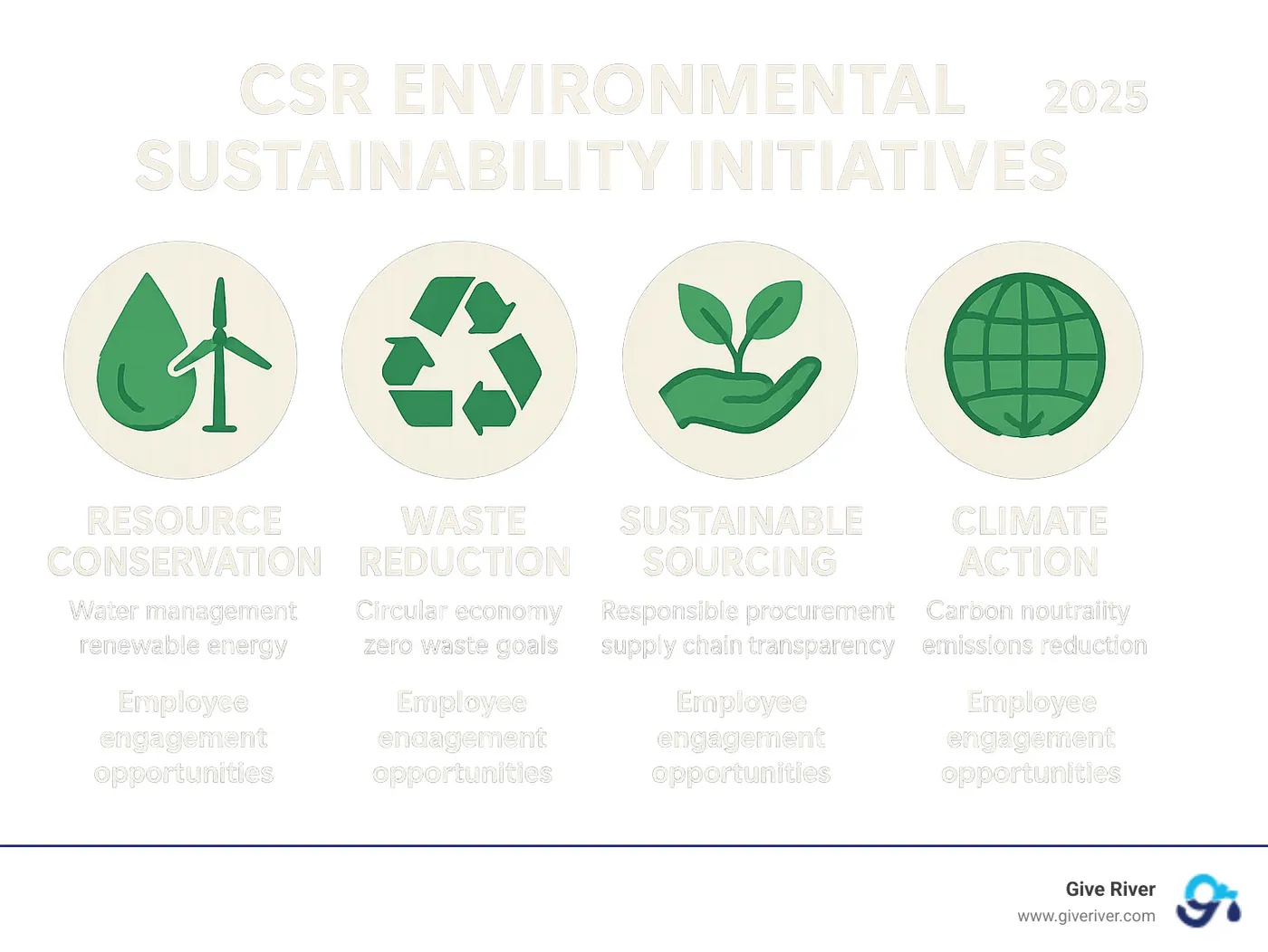 Comprehensive breakdown of CSR environmental sustainability initiatives showing four core pillars: Resource Conservation (water management, renewable energy), Waste Reduction (circular economy, zero waste goals), Sustainable Sourcing (responsible procurement, supply chain transparency), and Climate Action (carbon neutrality, emissions reduction), with employee engagement opportunities highlighted for each pillar - csr environmental sustainability initiatives infographic