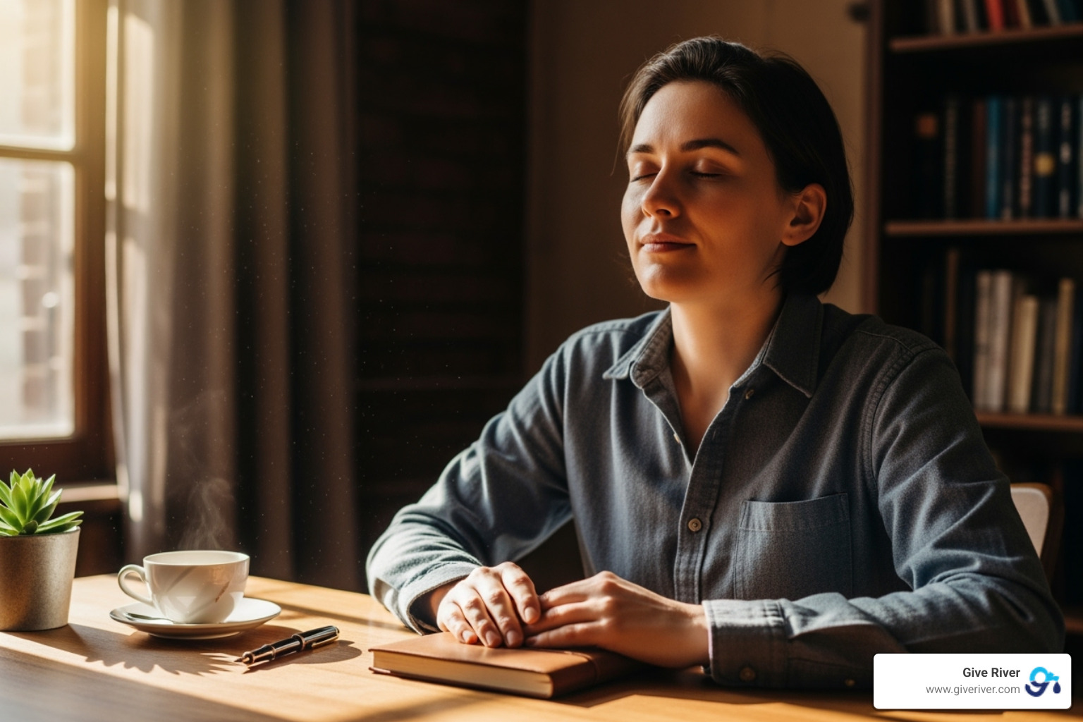 A person sitting calmly at a desk, eyes closed, appearing focused and serene - mindfulness in workplace