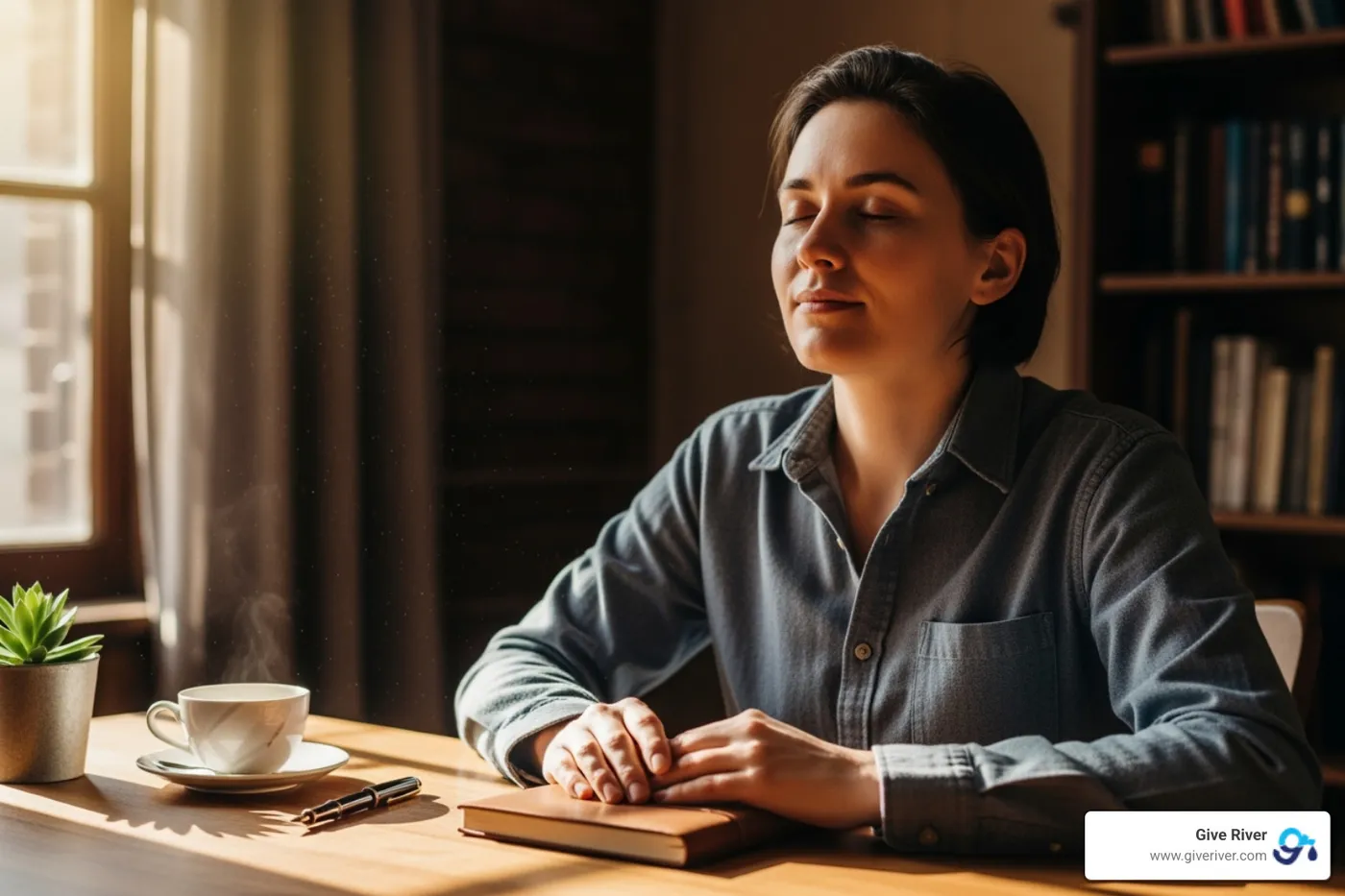 A person sitting calmly at a desk, eyes closed, appearing focused and serene - mindfulness in workplace