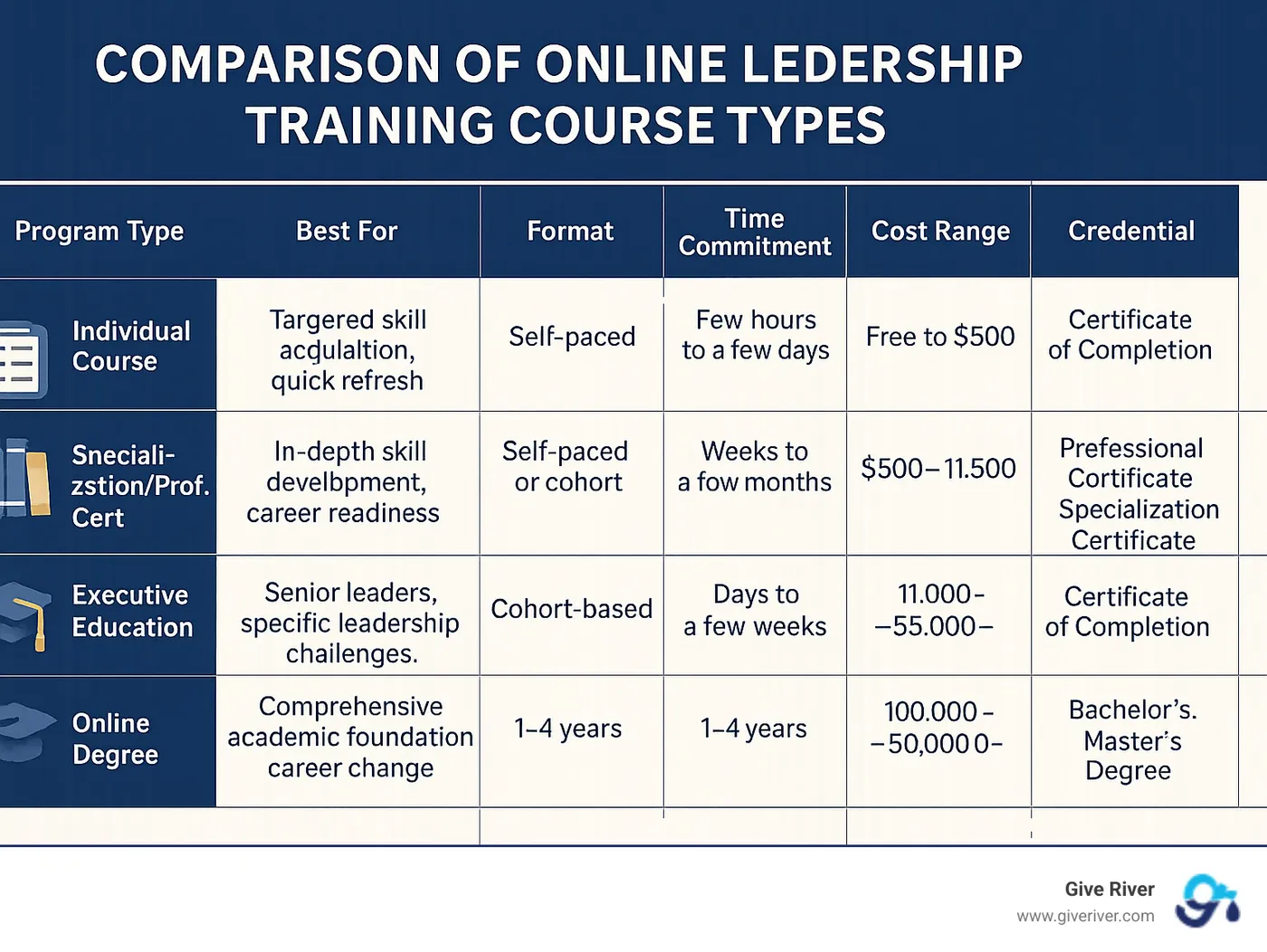 Table comparing key features of different course types with columns for Program Type, Best For, Format, Time Commitment, Cost Range, and Credential. - online leadership training courses infographic
