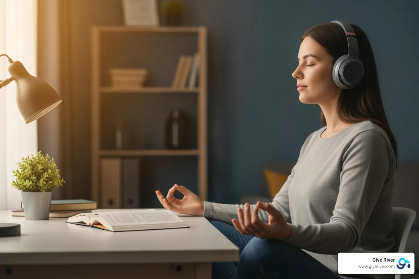 Person meditating peacefully at their desk with headphones on - virtual wellness challenge ideas