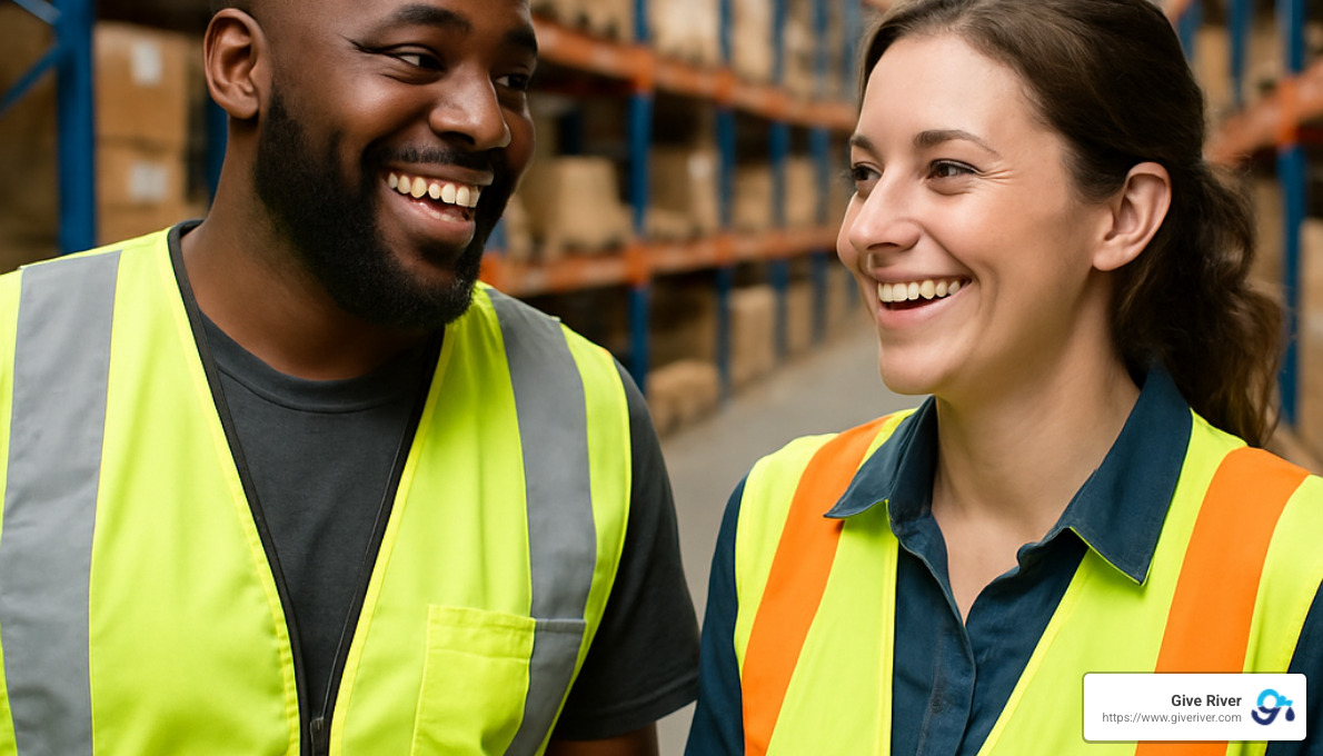 two co workers in a warehouse  - top employee recognition solution