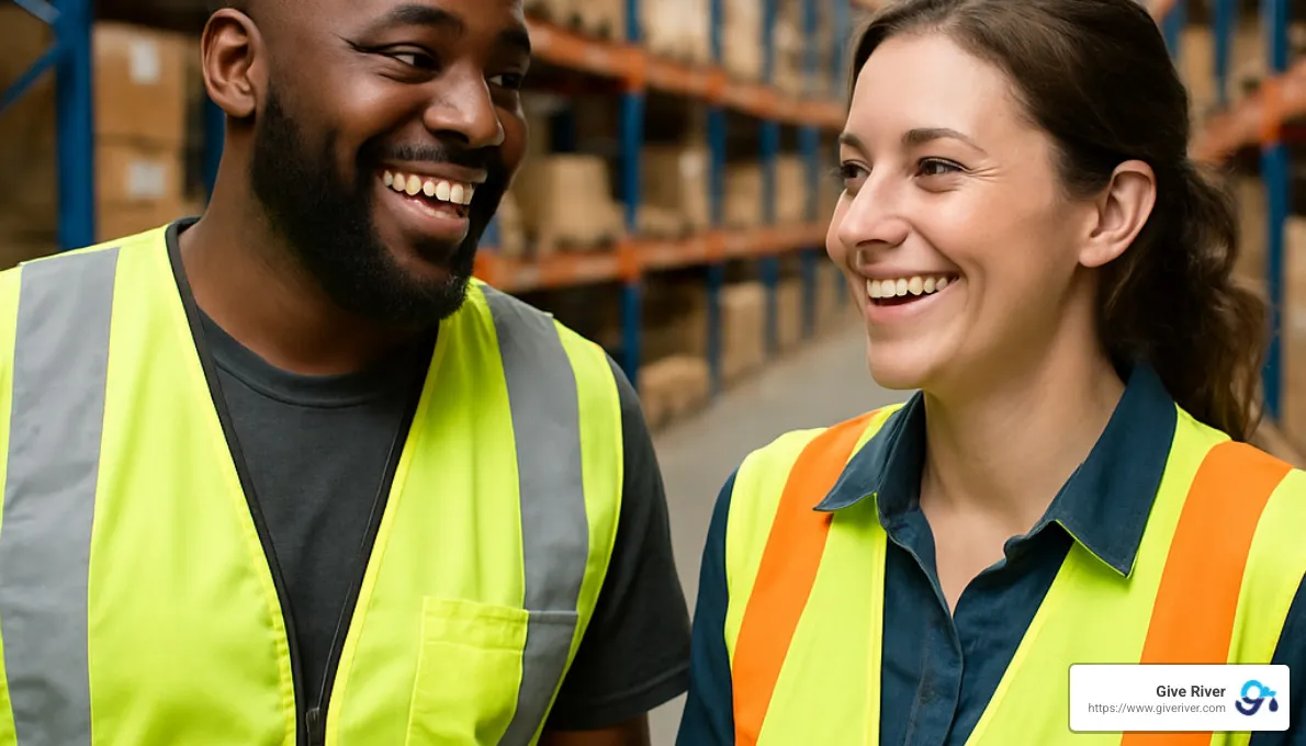 two co workers in a warehouse - top employee recognition solution