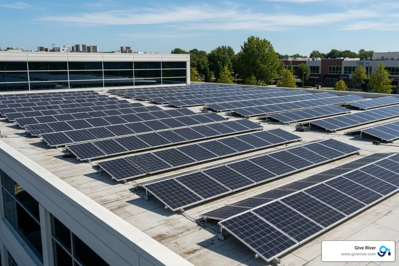 Image of solar panels on a commercial building roof - csr activity example