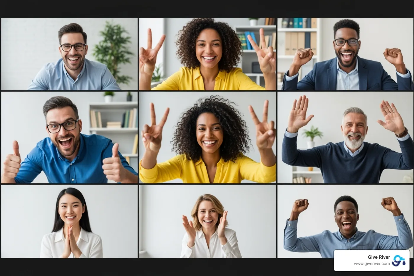 A diverse remote team celebrating a win on a video call, cheering and high-fiving their screens - family feud virtual team building
